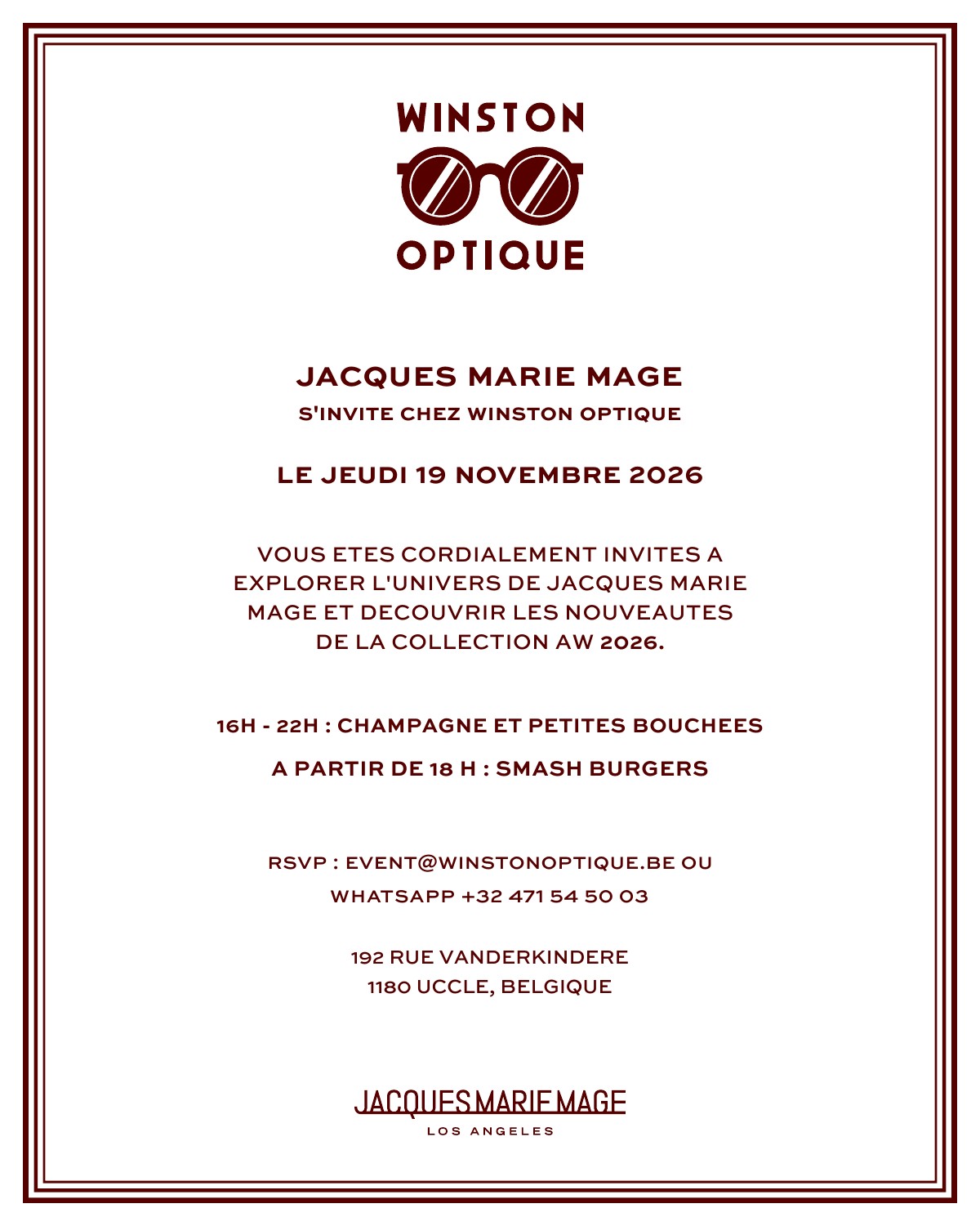 Invitation à l'événement Jacques Marie Mage chez Winston Optique à Uccle, jeudi 19 novembre 2026
